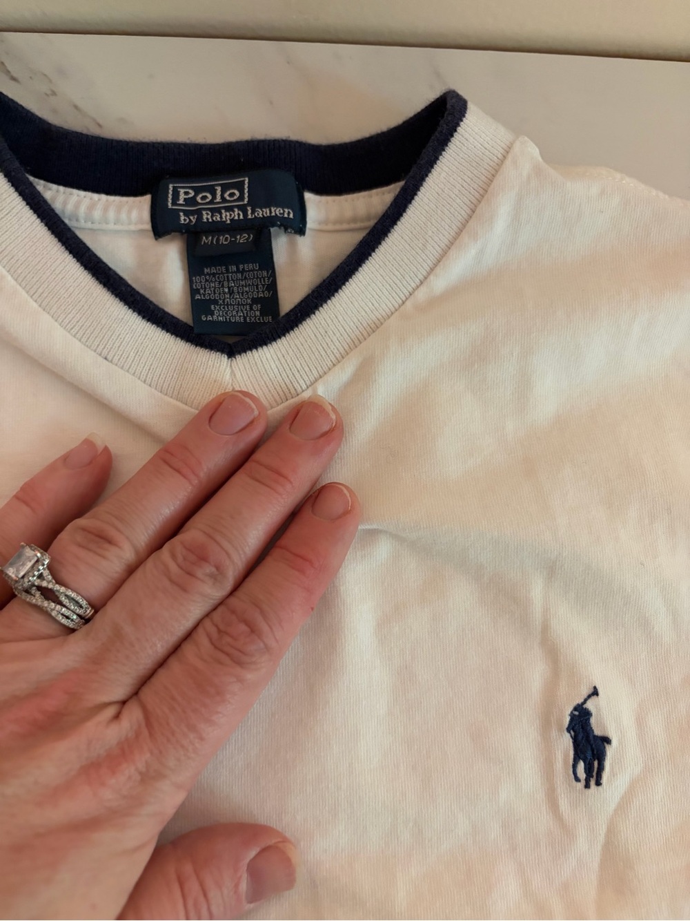 Ralph Lauren Men’s White V-Neck Sweater with Navy Trim and Logo
